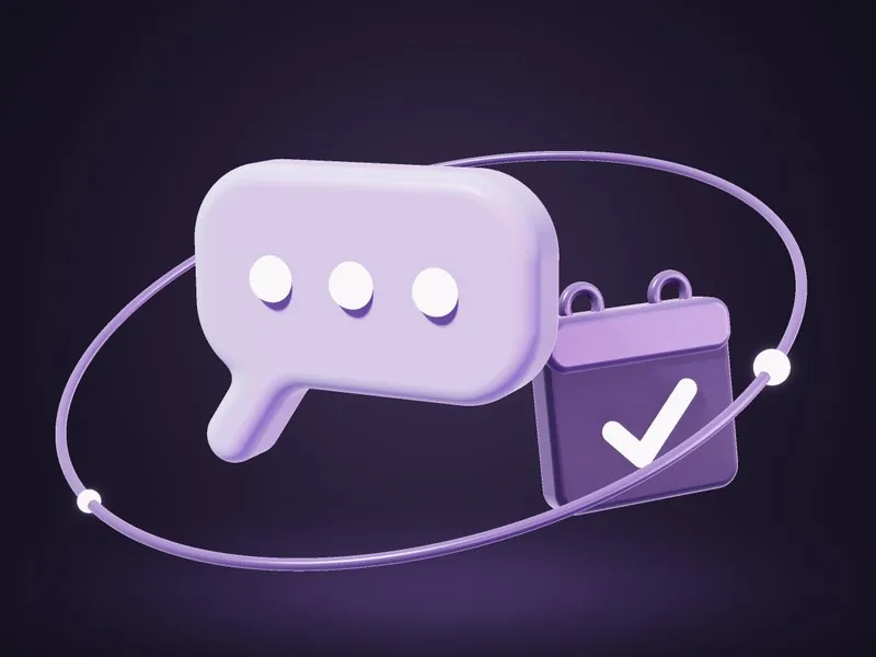 3D chat bubble with typing dots beside a calendar with a checkmark