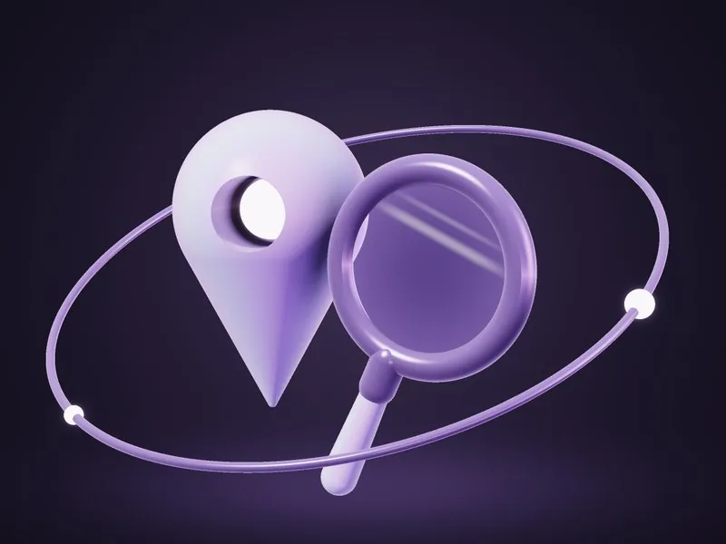 3D map pin and magnifying glass inside a glowing orbit ring