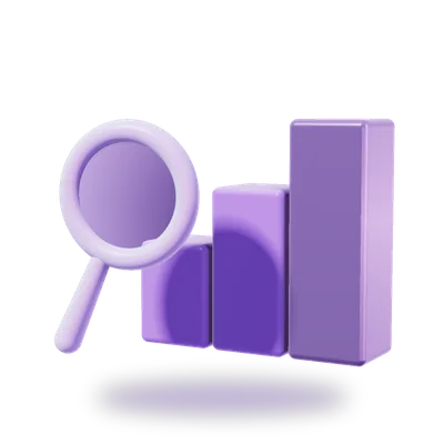 3D bar chart rising beside a magnifying glass