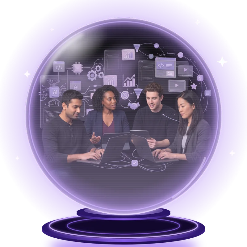 A glowing digital crystal ball on a pedestal showing a team collaborating around laptops, surrounded by connected icons for AI, analytics, marketing funnels, and content