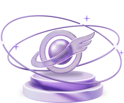 DMM orbit logo on a two-step pedestal with two orbit rings and sparkles